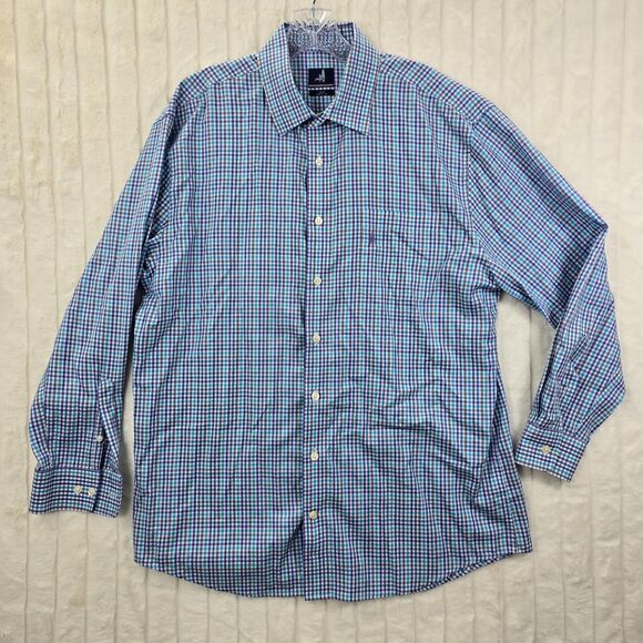 Johnnie O Men's Blue Plaid Button Up Dress Shirt Logo Size L - Picture 1 of 12